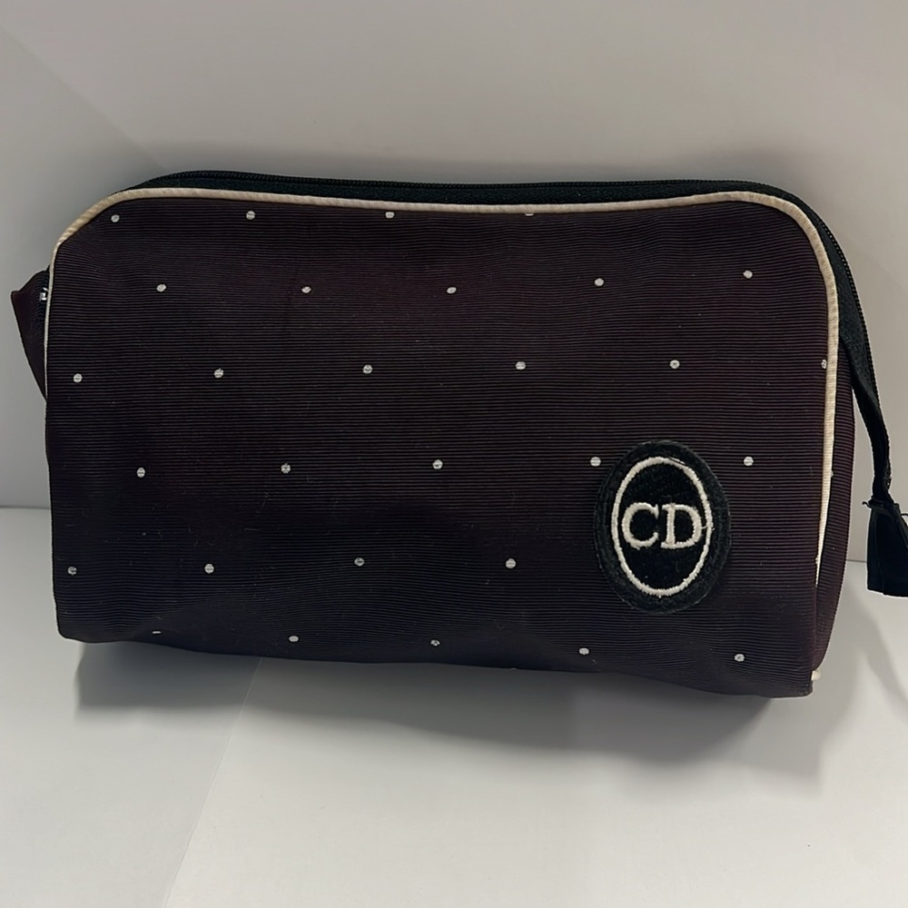 Christian Dior Vintage Polka Dot Dark Brown Canvas Zipper Clutch Make Up Bag